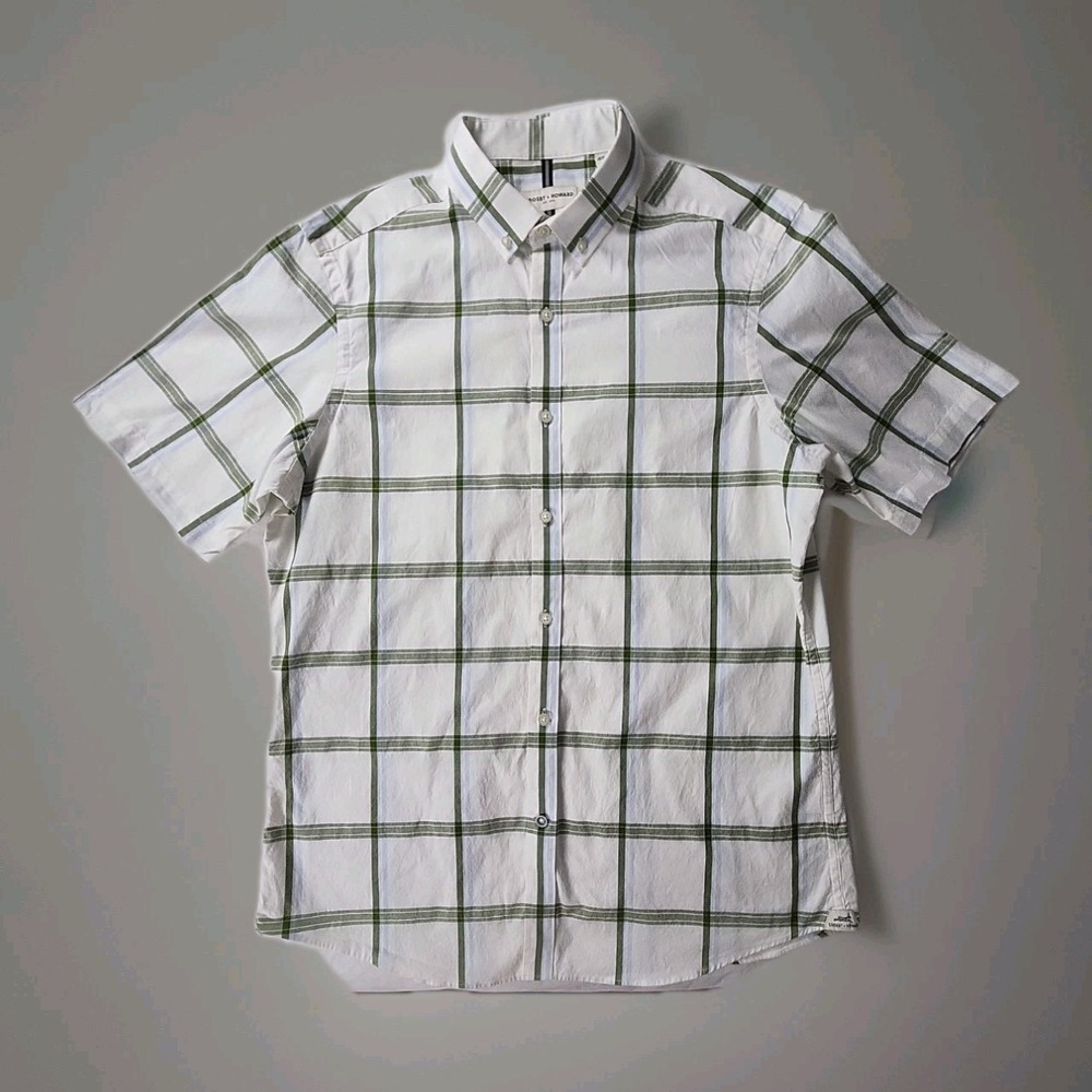 Crosby & Howard Mens Large White Olive Plaid Short‎ Sleeve Button Upscale Luxury
